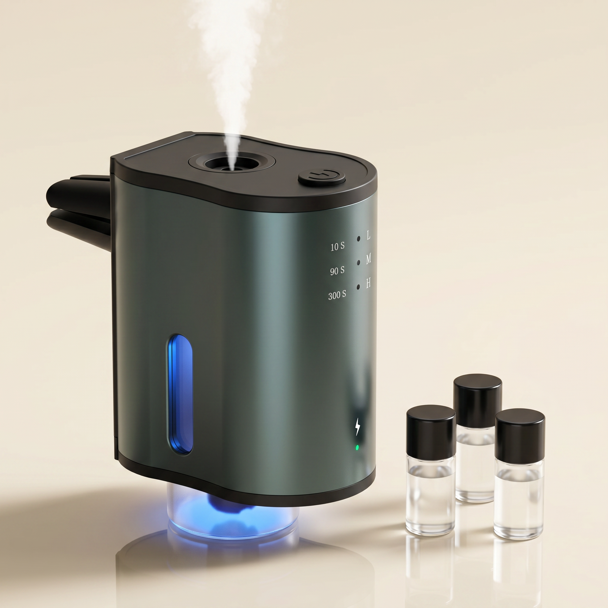 Velora AuraDrive with three natural perfume refill vials